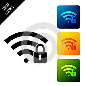 Wifi locked icon isolated. Password Wi-fi symbol. Wireless Network icon. Wifi zone. Set icons colorful square buttons