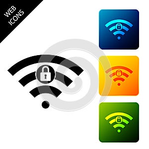 Wifi locked sign icon isolated on white background. Password Wi-fi symbol. Wireless Network icon. Wifi zone. Set icons