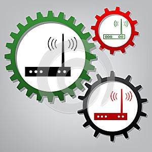 Wifi modem sign. Vector. Three connected gears with icons at grayish background.. Illustration.