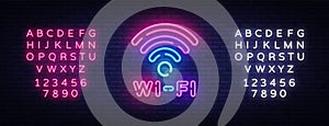 Wifi neon sign vector. Wifi symbol neon glowing letters shining, Light Banner, neon text. Vector illustration. Billboard