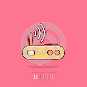 Wifi router icon in comic style. Broadband cartoon vector illustration on isolated background. Internet connection splash effect