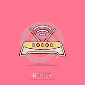 Wifi router icon in comic style. Broadband cartoon vector illustration on isolated background. Internet connection splash effect