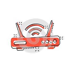 Wifi router icon in comic style. Broadband cartoon vector illustration on white isolated background. Internet connection splash