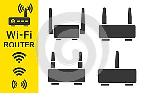Wifi router icon symbol shape set. Wlan modem sign logo silhouette. adsl, dsl, network, internet connection. Vector photo