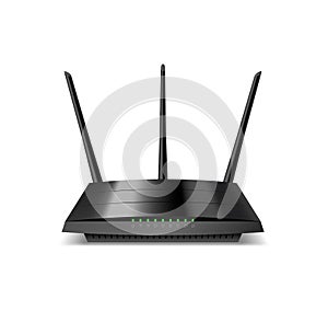 Wifi router, realistic wireless broadband modem with antenna. Ethernet router for network connection