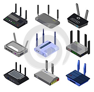 Wifi router vector isometric set icon. Isolated isometric set icon internet modem. Vector illustration wifi router on