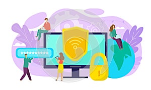 Wifi security concept, online safety, data protection, secure connection vector illustration. Cryptography, antivirus