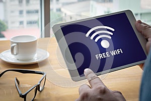 WIFI SIGNAL connectivity concept: Free wifi area sign