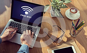 WIFI SIGNAL connectivity concept: Free wifi area sign