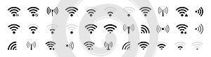 Wifi signal. Icon of wireless internet symbols. Set of sign for connect of network. Bar of satellites for mobile, radio, computer