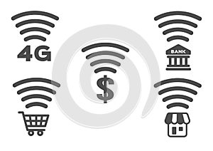 Wifi and signal sensor icon set for shop and store / 4g bank store shopping and money