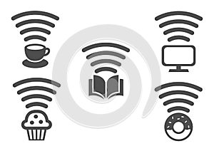 Wifi and signal sensor icon set for shop and store / tv coffee donut book bekery