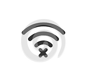 Wifi symbol and cross icon. Jamming wireless internet signal. Wi Fi error. Failure wifi icon. Disconnected wireless