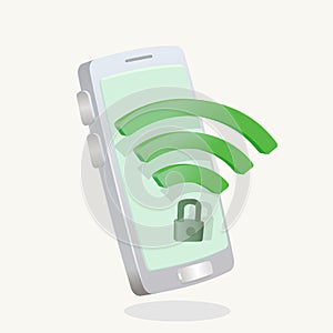 Wifi symbol and padlock in front of smartphone 3D - three dimentional for scure wifi connection concept vector illustration