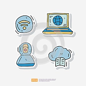 wifi wireless hotspot. internet connection on laptop screen. webcam camera. online literature doodle icon set vector illustration