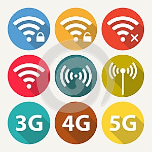 Wifi and wireless icon set for remote internet access. Podcast vector symbols in flat style. 3G, 4G and 5G technology signs