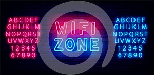 Wifi zone neon label. Glowing internet label for cafe and bar. Shiny blue and pink alphabet. Vector stock illustration