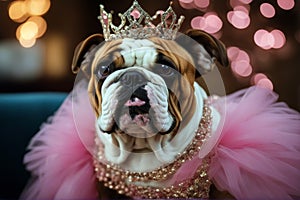 wig bulldog ugly tutu princess dressed canino expression blond pedigree girl emotion domestic card purebred costume face animal photo