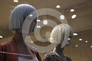 Wig shop concept . wigs on mannequin heads