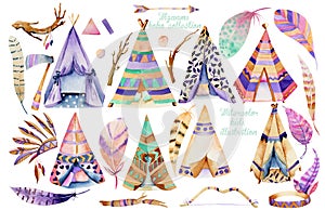 Wigwams and authentic native american elements collection