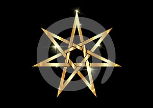 Seven point star or septagram, known as heptagram. Gold Elven or Fairy Star, magical or wiccan witchcraft heptagram symbol Golden