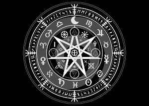 Wiccan symbol of protection. Mandala Witches runes, Mystic Wicca divination. Ancient occult symbols, Zodiac Wheel signs