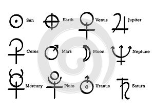 Alchemical symbols icons set alchemy elements pictogram. Sun, Earth and Planets Symbols, Astrological Wicca Symbols. Hand drawn photo