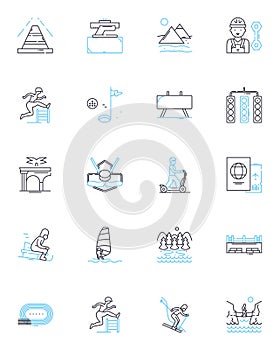 Wild adventures linear icons set. Safari, Jungle, Trek, Expedition, Rafting, Camping, Hiking line vector and concept