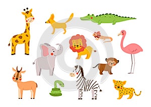 Wild African animals drawn in cartoon style. Funny vector illustration