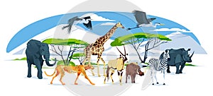 Wild African animals set walks on the savannah landscape