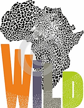 Wild African leopard and continent map