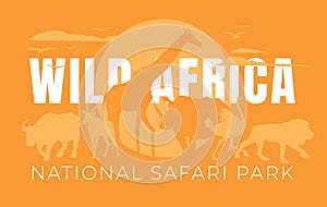 wild african national park. Zoo, savannah. Animals silhouettes on the sunset background: lion, giraffe, ostrich, rhino, buffalo,