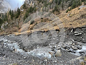 Wild alpine stream Tellerbach in the Calfeisental valley and in the UNESCO World Heritage Tectonic Arena Sardona / UNESCO-Welterbe