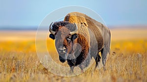 Wild American bison bull standing in grassy prairie