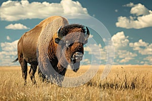 Wild American bison bull standing in grassy prairie