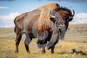 Wild American bison bull standing in grassy prairie. Generative AI