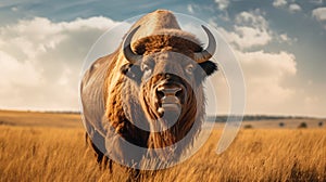 Wild American bison bull standing in grassy prairie. Generative AI