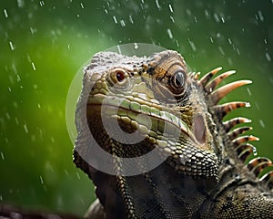 Wild American Green iguana on a rainny day background. Amazing Wildlife. Generative Ai