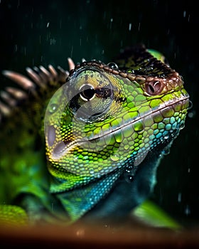 Wild American Green iguana on a rainny day background. Amazing Wildlife. Generative Ai