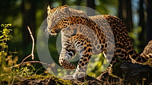 Wild animal Amur leopard in nature in forest. Ai generated
