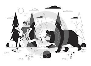 Wild animal encounter black and white cartoon flat illustration