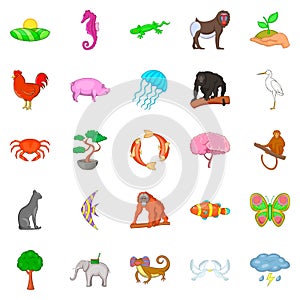 Wild animal icons set, cartoon style