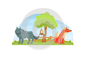 Wild Animals on Beautiful Natural Landscape, Wolf, Fox and Owl in the Zoo or Safari Park Vector Illustration