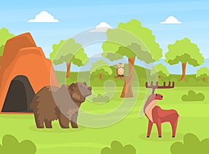 Wild Animals on Beautiful Natural Summer Landscape, Bear and Moose in the Zoo or Safari Park Vector Illustration