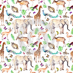 Wild animals, birds in forest - zoo, wildlife. Seamless animal pattern. Watercolor