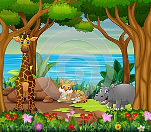 Wild animals cartoon living in the beautiful forest