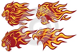 Wild Animals Flaming Flame Heads Set. Lion, Tiger, Jaguar, Panther Eagle - Vector Mascot Logo Design