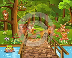 Wild animals in the forest and a bridge in the foreground