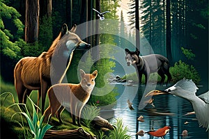 wild animals in the forest - fox, wolf, dog and fish