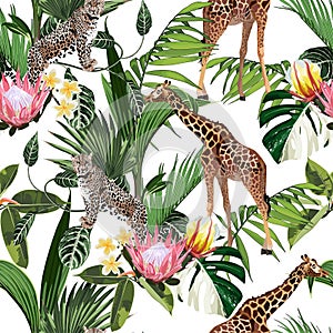 Wild animals giraffe, cheetah, zebra in savannah. Watercolor style Jungle Zoo seamless pattern.